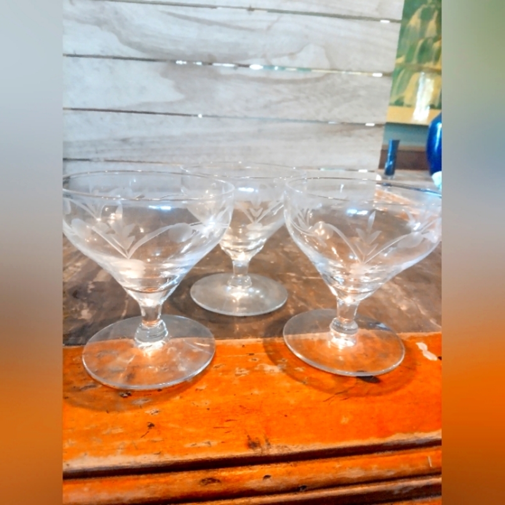 Beautiful Vintage Etched Martini Glasses Set Of 3